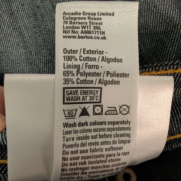 Burton Jeans Dark Stiff 100% Cotton Skinny Slim - Size 28 - Picture 10 of 13